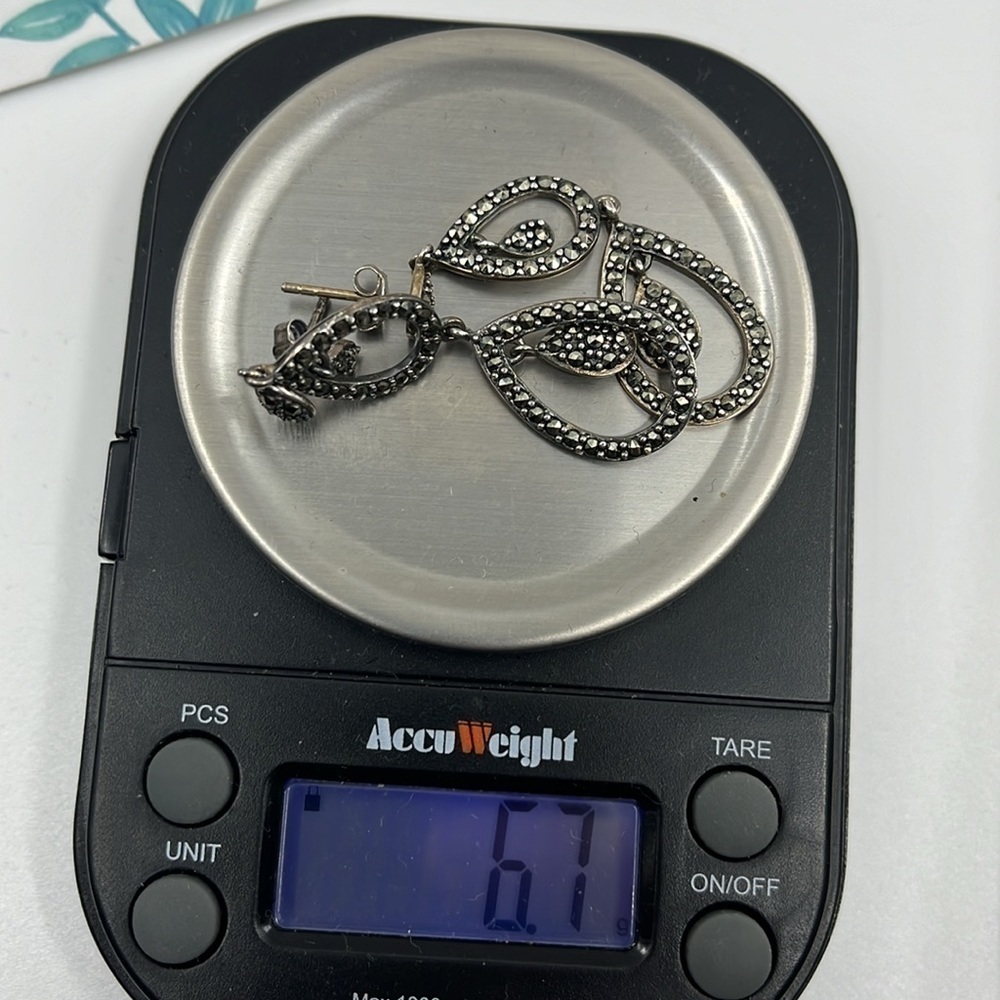 Suspicion Marcasite 🖤 Sterling Silver Teardrop Stud Earrings 🌟 - Picture 11 of 13